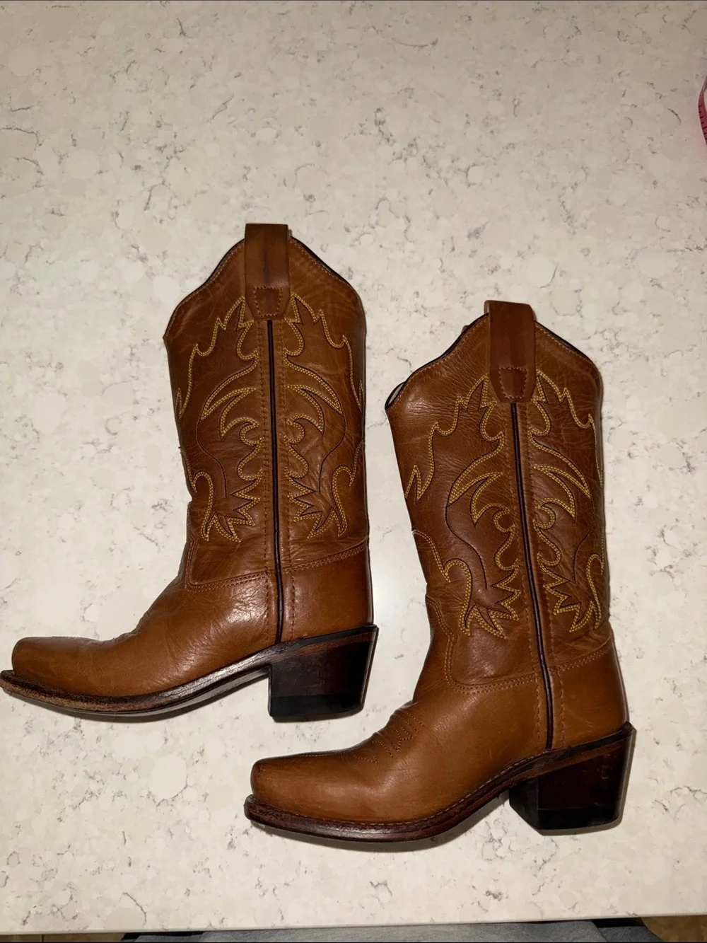 Old West Brown Leather Kids Western Boots with Yellow Stitching